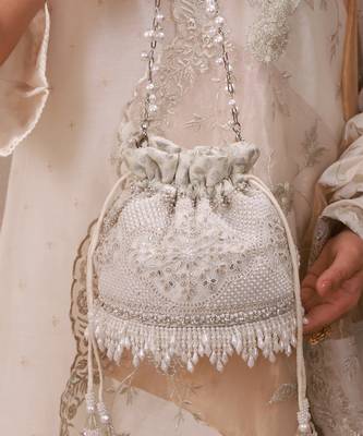 Silver hand embroidered silk potli bag 2