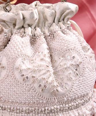 Silver hand embroidered silk potli bag 3