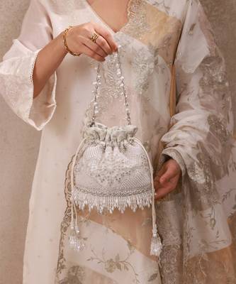 Silver hand embroidered silk potli bag 5