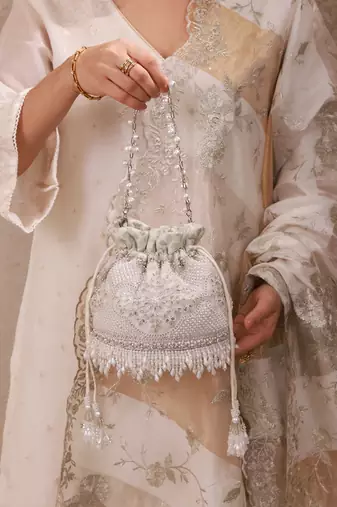 Silver hand embroidered silk potli bag