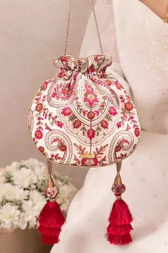 Off white woven georgette potli bag