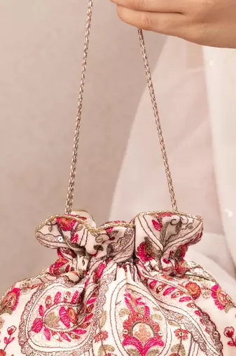 Off white woven georgette potli bag