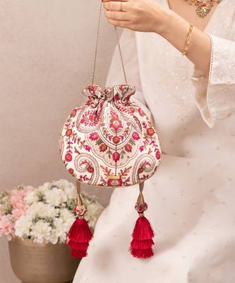 Off white woven georgette potli bag 5
