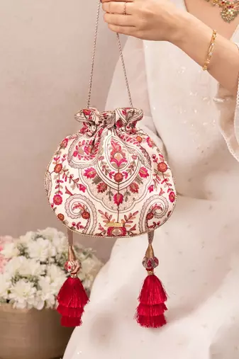 Off white woven georgette potli bag