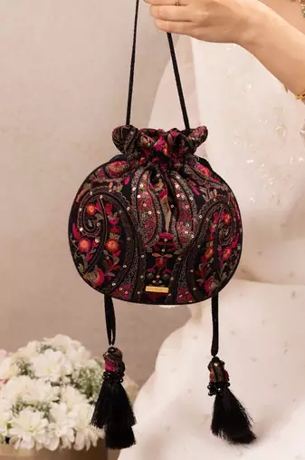 Black woven georgette potli bag