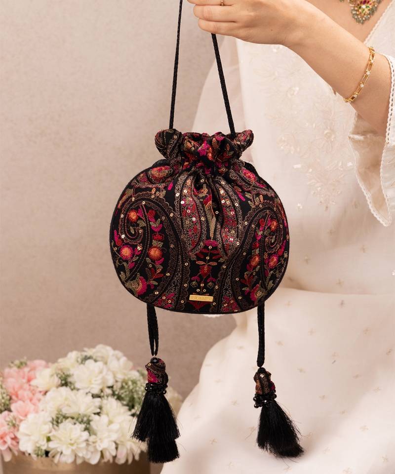 Black woven georgette potli bag