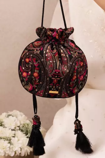 Black woven georgette potli bag