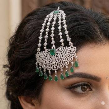Pakistani Bridal Passa Jhumar, Emerald Green Zircon Headpiece, Silver Plated Indian Wedding Jewelry 1