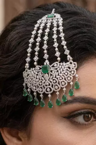 Pakistani Bridal Passa Jhumar, Emerald Green Zircon Headpiece, Silver Plated Indian Wedding Jewelry