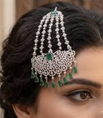 Pakistani Bridal Passa Jhumar, Emerald Green Zircon Headpiece, Silver Plated Indian Wedding Jewelry