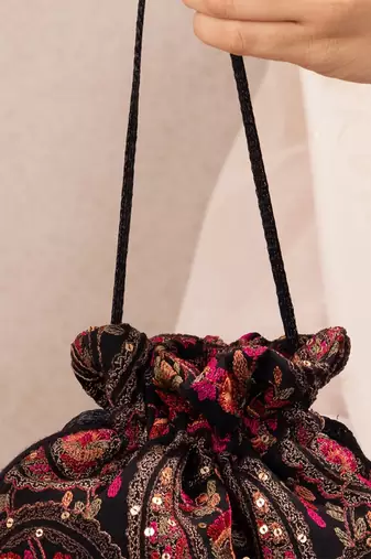 Black woven georgette potli bag