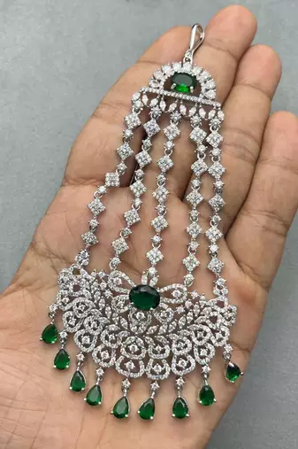 Pakistani Bridal Passa Jhumar, Emerald Green Zircon Headpiece, Silver Plated Indian Wedding Jewelry