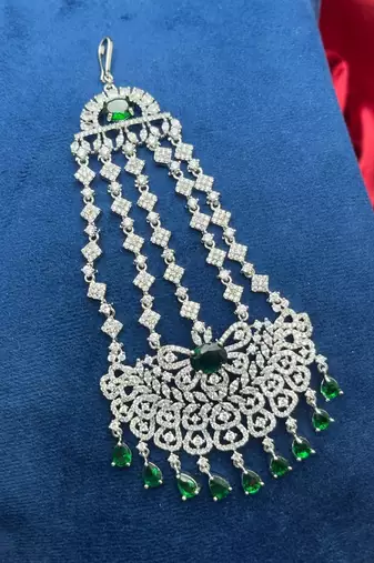 Pakistani Bridal Passa Jhumar, Emerald Green Zircon Headpiece, Silver Plated Indian Wedding Jewelry