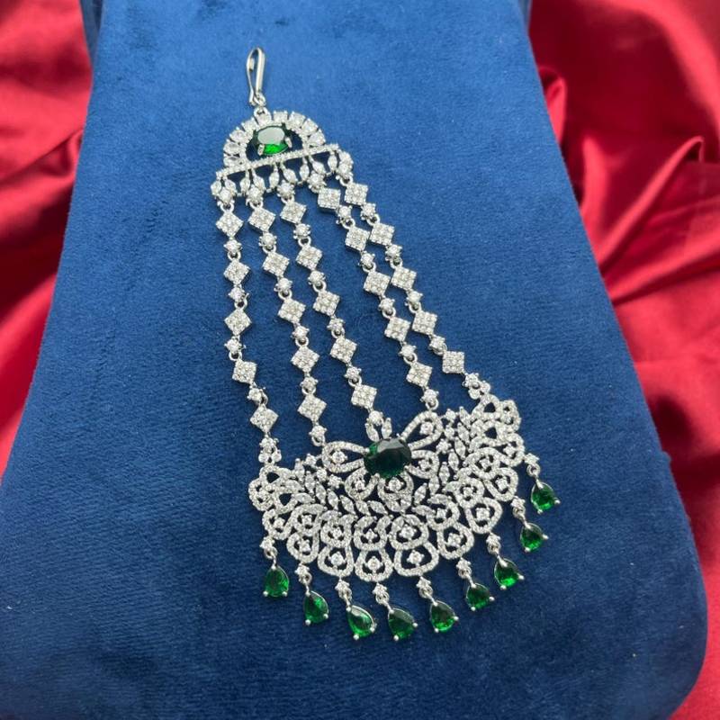 Pakistani Bridal Passa Jhumar, Emerald Green Zircon Headpiece, Silver Plated Indian Wedding Jewelry