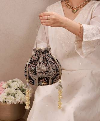 Black woven silk satin potli bag 1