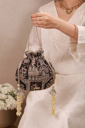 Black woven silk satin potli bag