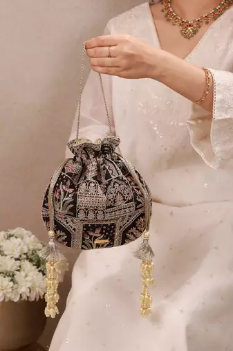 Black woven silk satin potli bag