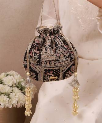 Black woven silk satin potli bag 2