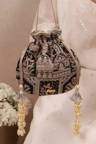 Black woven silk satin potli bag