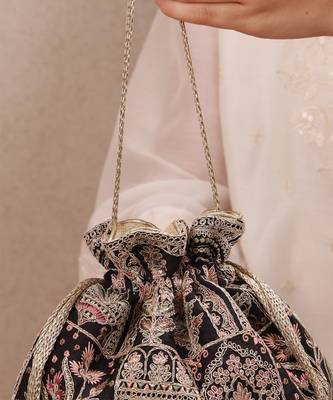 Black woven silk satin potli bag 3