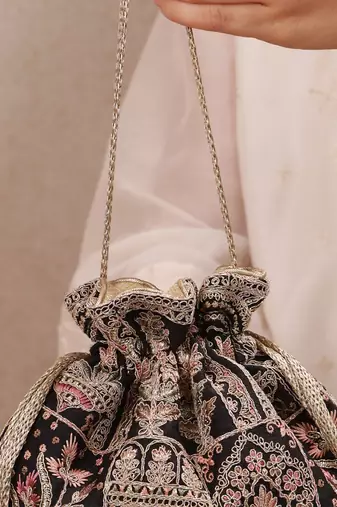 Black woven silk satin potli bag
