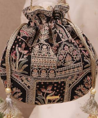 Black woven silk satin potli bag 4