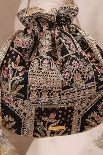 Black woven silk satin potli bag