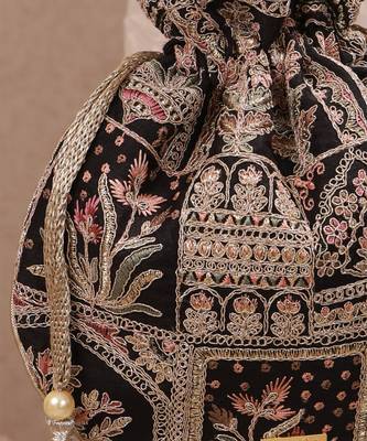 Black woven silk satin potli bag 5