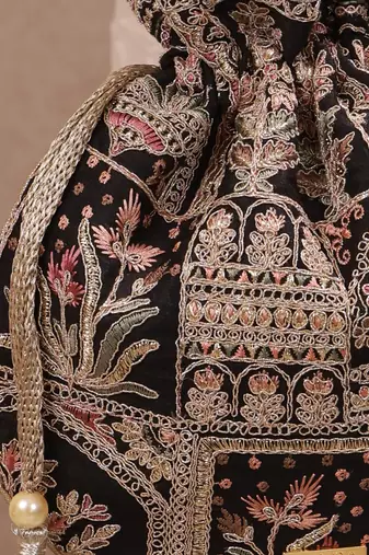 Black woven silk satin potli bag