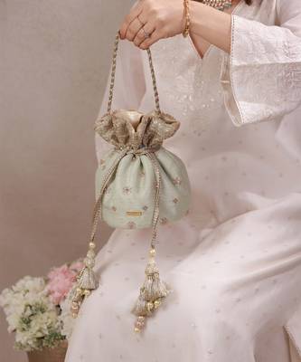 Mint woven silk satin potli bag 1