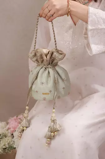 Mint woven silk satin potli bag