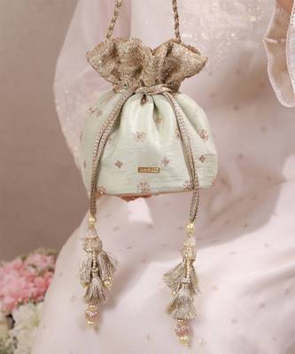 Mint woven silk satin potli bag 2