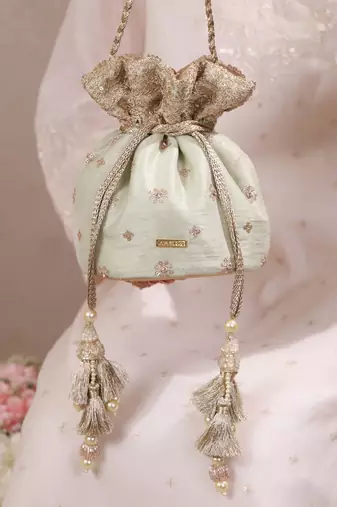 Mint woven silk satin potli bag