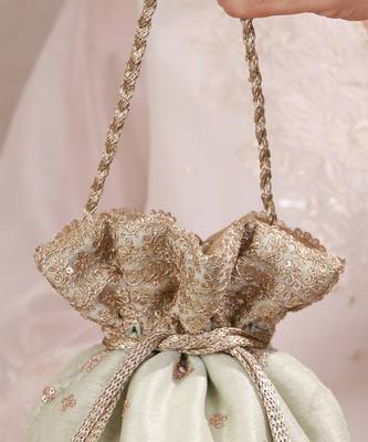 Mint woven silk satin potli bag 3