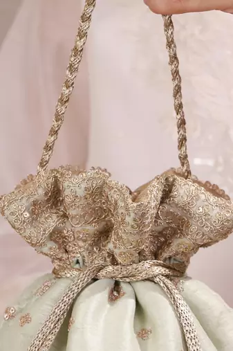 Mint woven silk satin potli bag