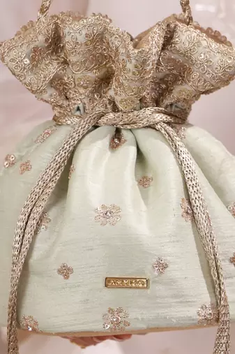 Mint woven silk satin potli bag
