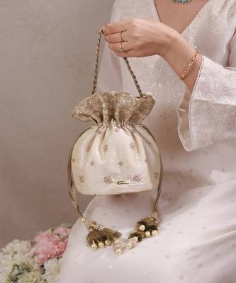 Beige woven silk satin potli bag 1