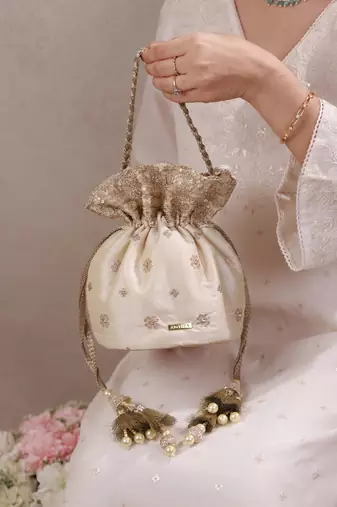 Beige woven silk satin potli bag