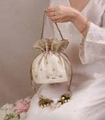 Beige woven silk satin potli bag