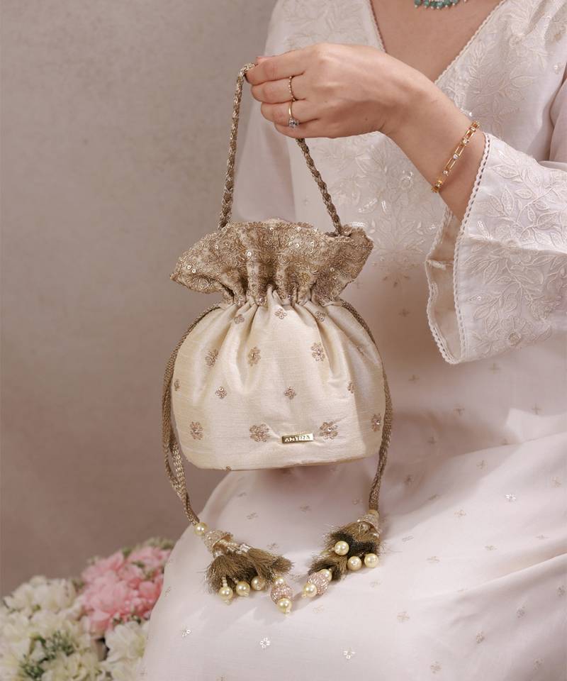 Beige woven silk satin potli bag