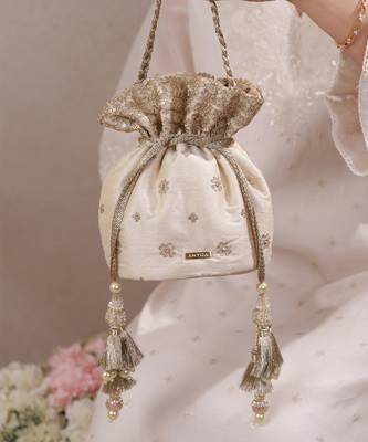 Beige woven silk satin potli bag 2