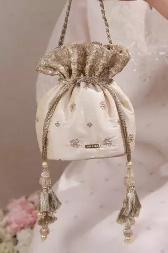 Beige woven silk satin potli bag