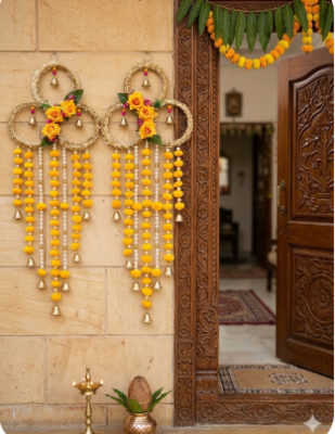 handmade floral ring door hanging yellow pompomsfestive wall hanging for home decor (pack of 2)  1