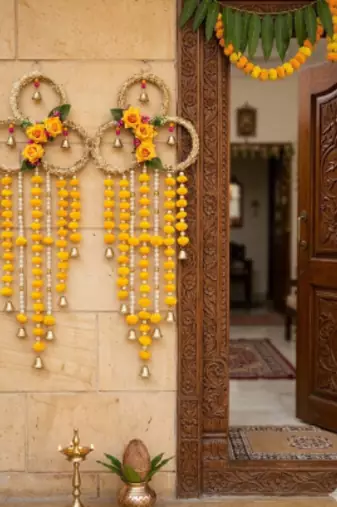 handmade floral ring door hanging yellow pompomsfestive wall hanging for home decor (pack of 2) 