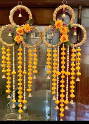 handmade floral ring door hanging yellow pompomsfestive wall hanging for home decor (pack of 2)  2