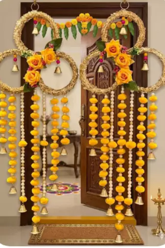 handmade floral ring door hanging yellow pompomsfestive wall hanging for home decor (pack of 2) 