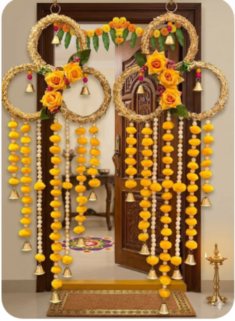 handmade floral ring door hanging yellow pompomsfestive wall hanging for home decor (pack of 2) 