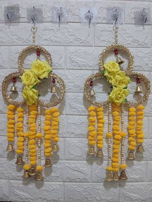 handmade floral ring door hanging yellow pompomsfestive wall hanging for home decor (pack of 2)  4