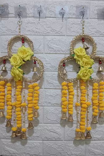 handmade floral ring door hanging yellow pompomsfestive wall hanging for home decor (pack of 2) 
