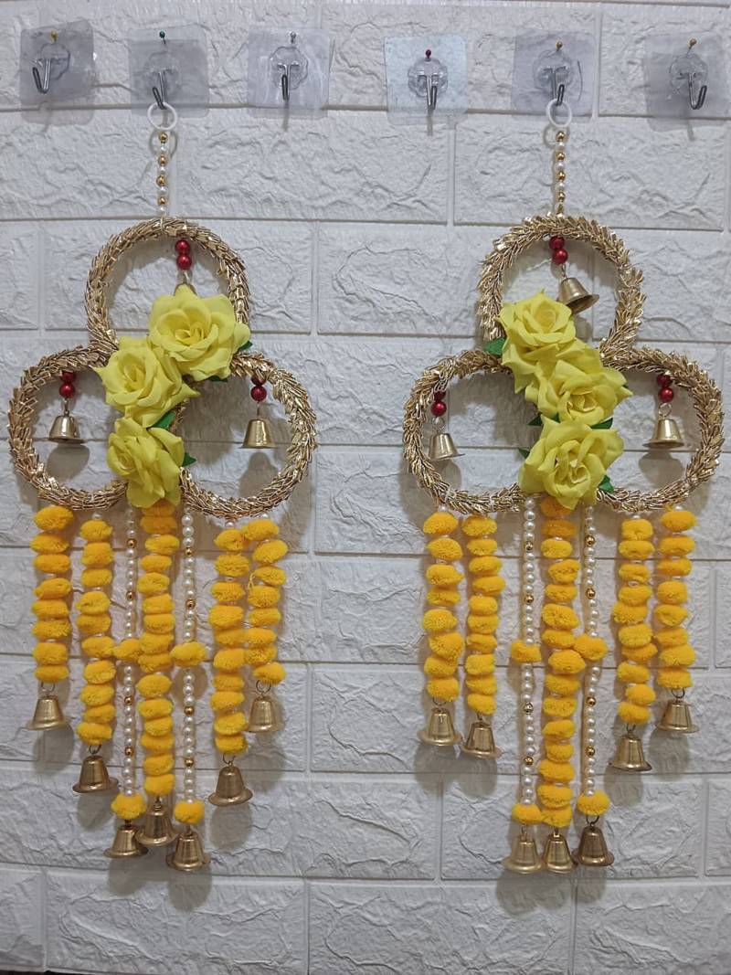 handmade floral ring door hanging yellow pompomsfestive wall hanging for home decor (pack of 2) 
